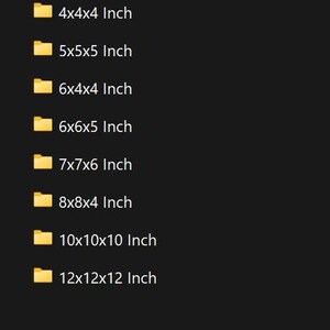 May include: A series of yellow folders labeled with dimensions in inches. Sizes include 4x4x4, 5x5x5, 6x4x4, 6x6x5, 7x7x6, 8x8x4, 10x10x10, and 12x12x12 inches. The folders are on a dark background.
