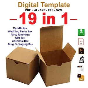 Può includere: Un modello digitale per la progettazione di una scatola, con 19 varianti diverse. Il modello è mostrato come una scatola di cartone marrone con un coperchio. Il testo "19 in 1" è visualizzato in lettere rosse. Il testo "Modello digitale" è visualizzato in lettere nere. Il testo "PDF - AI - DXF - EPS - SVG" è visualizzato in lettere nere. Il testo "Scatola per candele, scatola per bomboniere di matrimonio, scatola per bomboniere di festa, scatola regalo, scatola per cosmetici, scatola per imballaggio di tazze" è visualizzato in lettere nere.
