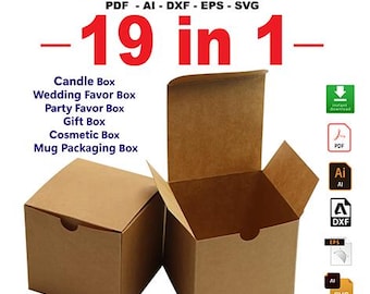 May include: A digital template for a box design, with 19 different variations. The template is shown as a brown cardboard box with a lid. The text "19 in 1" is displayed in red letters. The text "Digital Template" is displayed in black letters. The text "PDF - AI - DXF - EPS - SVG" is displayed in black letters. The text "Candle Box, Wedding Favor Box, Party Favor Box, Gift Box, Cosmetic Box, Mug Packaging Box" is displayed in black letters.