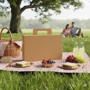 May include: A picnic scene with a brown cardboard briefcase, a wicker basket, and a red and white checkered blanket. The blanket holds sandwiches, fruit, and drinks. A couple is seated in the background under a large tree.
