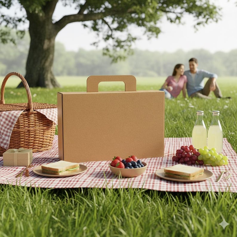 May include: A picnic scene with a brown cardboard briefcase, a wicker basket, and a red and white checkered blanket. The blanket holds sandwiches, fruit, and drinks. A couple is seated in the background under a large tree.