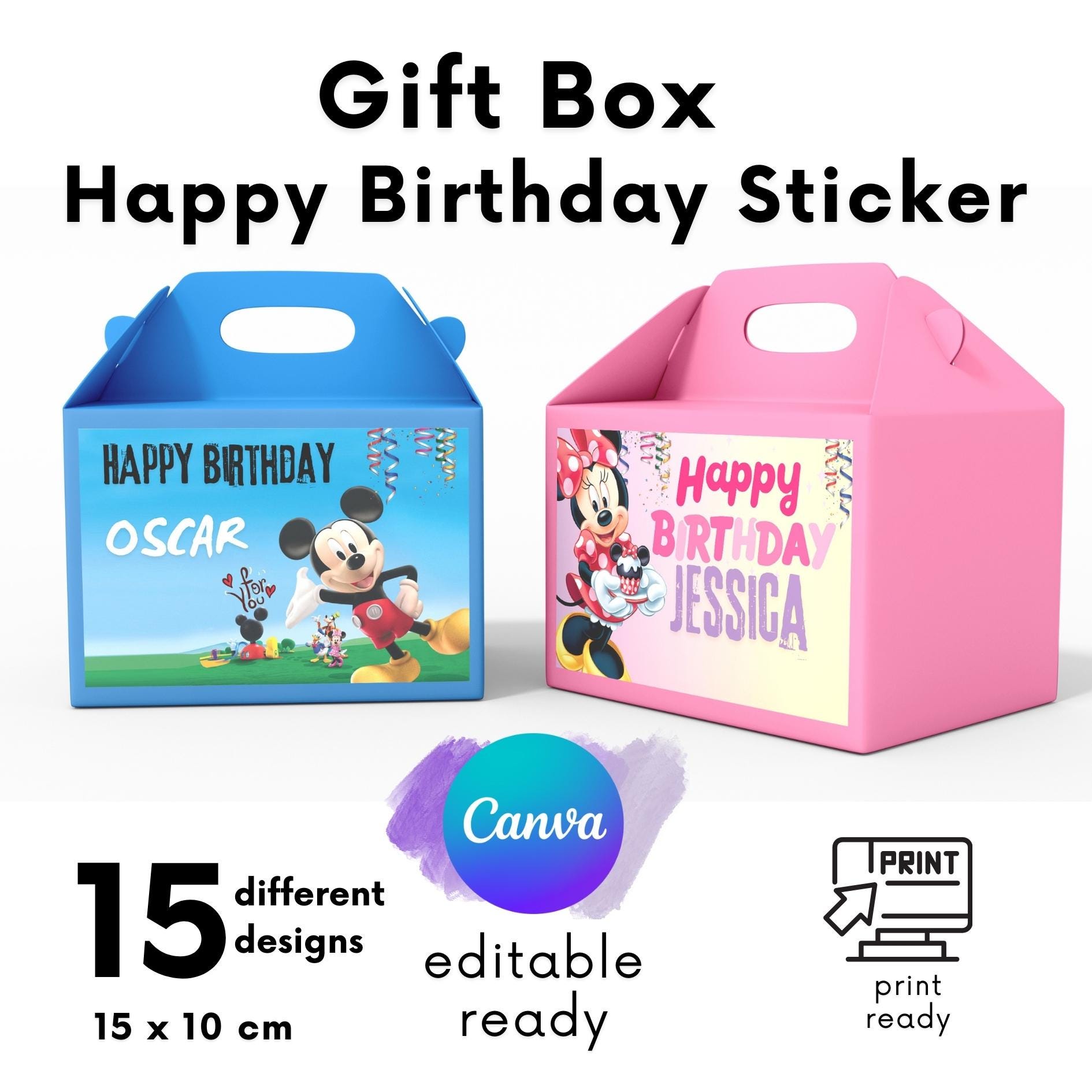 Party Box Sticker Design Personalized Birthday Box Stickers: 15 Editable Canva Templates ...