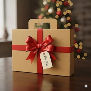 May include: A brown cardboard gift box with a handle, wrapped with a red ribbon and bow. A small tag that says "For You" hangs from the bow. The box is on a wooden surface.