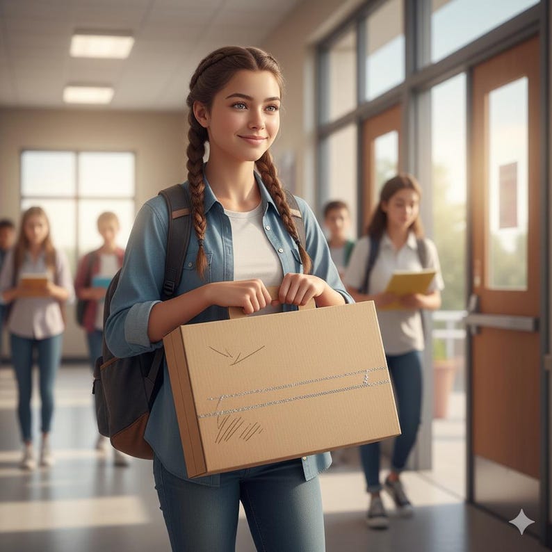 May include: A young person with braided hair carries a cardboard box in a school hallway. They wear a denim shirt, white t-shirt, and jeans, with a backpack. Other students walk in the background, some holding books or folders. The scene is brightly lit.
