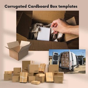 May include: Image showing various corrugated cardboard box templates. Includes an open box with a hand placing a white box inside, a stack of boxes, and a delivery van filled with boxes. The text "Corrugated Cardboard Box templates" is at the top.