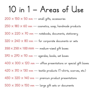 May include: A white graphic with the text "10 in 1 - Areas of Use" and size dimensions in millimeters. The text lists various product categories, including small gifts, cosmetics, notebooks, and gift boxes, with corresponding size specifications.