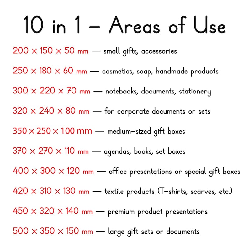 May include: A white graphic with the text "10 in 1 - Areas of Use" and size dimensions in millimeters. The text lists various product categories, including small gifts, cosmetics, notebooks, and gift boxes, with corresponding size specifications.