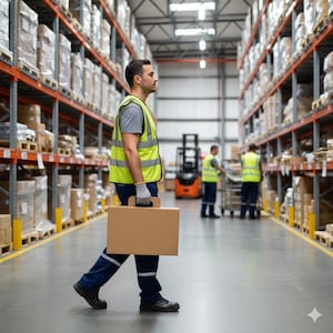 May include: A warehouse worker in a high-visibility vest and gloves carries a cardboard box through a large warehouse. Shelves filled with packaged goods line the sides. Other workers and a forklift are visible in the background.
