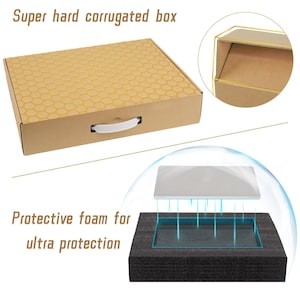 May include: A brown cardboard box with a white handle. The box has a honeycomb pattern on the top and the text "Super hard corrugated box". The box is open to show a layer of black foam inside. The foam is designed to protect a laptop or other delicate item. The text "Protective foam for ultra protection" is written below the box.