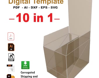 May include: A digitally designed corrugated shipping and gift box template. The image features a transparent box with a unique design, and the text "Digital Template" and "-10 in 1-". The template is available in PDF, AI, DXF, EPS, and SVG formats.