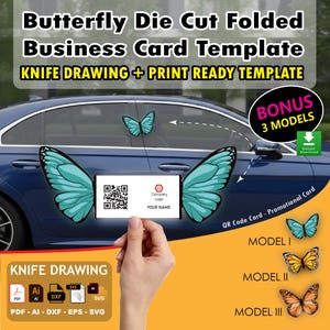 以下が含まれることがあります： 蝶のデザインのビジネスカードテンプレート。青い車の窓の前にカードが保持されています。カードにはQRコード、会社のロゴ、名前のスペースがあります。「Butterfly Die Cut Folded Business Card Template」というテキストが含まれています。