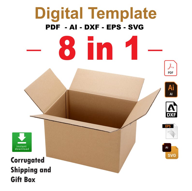 May include: A brown corrugated shipping and gift box with the text "Digital Template" and "8 in 1". The box is open, revealing the interior. Icons for PDF, AI, DXF, EPS, and SVG formats are visible.