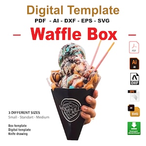 Waffle cone box template, waffle box digital template, waffle box knife drawing, download print, cut & assemble,