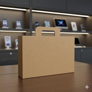 May include: A rectangular brown cardboard box with a handle, standing upright on a wooden surface. The box is plain and unadorned, with a simple handle cut out at the top. The background shows a display of electronic devices.