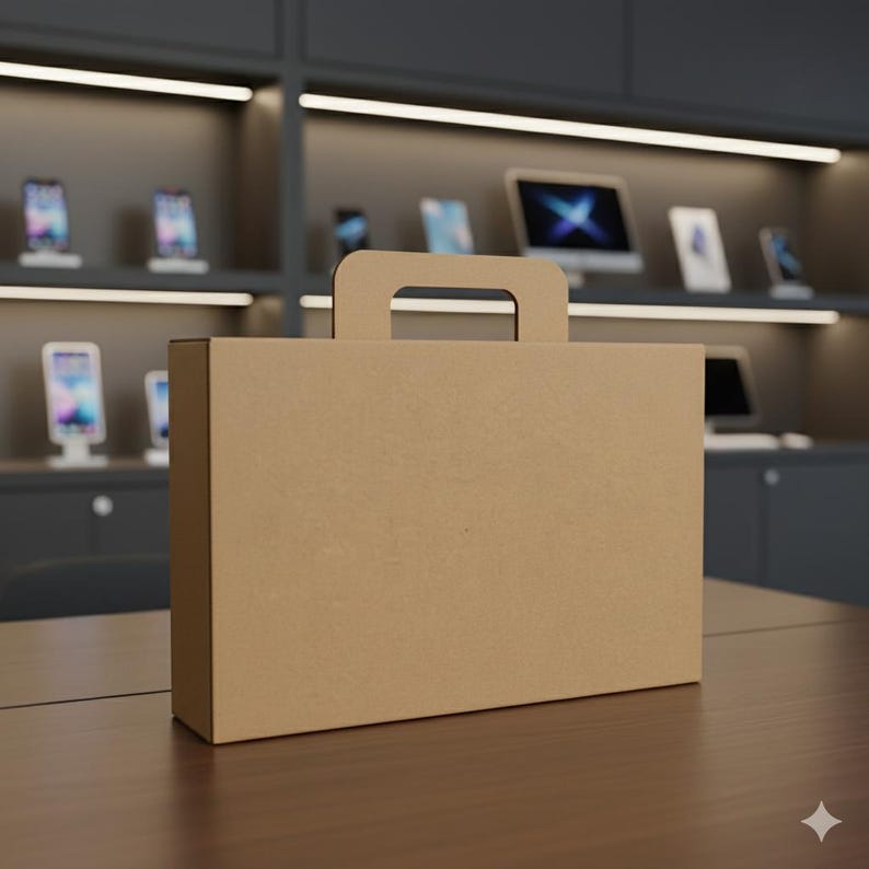 May include: A rectangular brown cardboard box with a handle, standing upright on a wooden surface. The box is plain and unadorned, with a simple handle cut out at the top. The background shows a display of electronic devices.