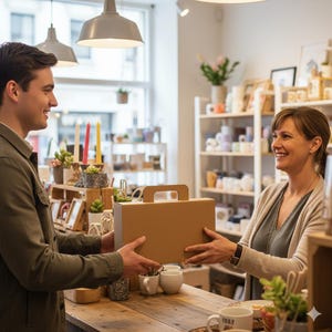May include: A person receiving a brown cardboard box with a handle from a shop owner. The shop has white shelves filled with mugs and other items. The scene is well-lit with overhead lights.