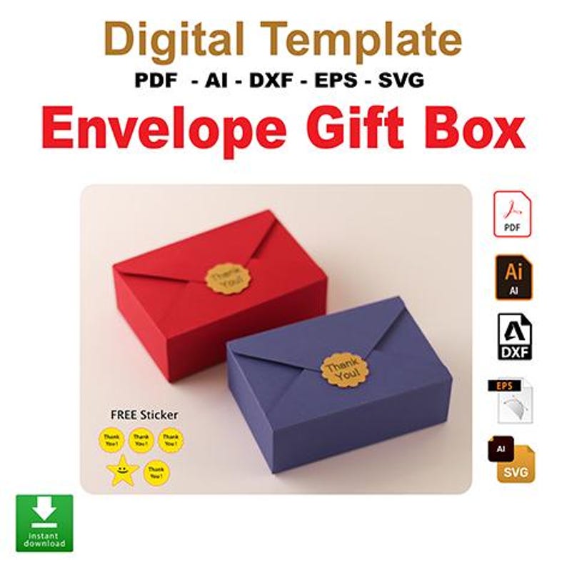 Puede incluir: Plantilla digital para una caja de regalo de sobre. La plantilla incluye una caja de sobre roja y una caja de sobre azul con una pegatina de "Gracias" en cada una. La plantilla est&aacute; disponible en los formatos PDF, AI, DXF, EPS y SVG.