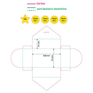 Puede incluir: Una plantilla imprimible para una caja peque&ntilde;a con tapa abatible. La caja mide 72 mm por 108 mm y 37 mm de alto. La plantilla incluye l&iacute;neas de corte y l&iacute;neas discontinuas para doblar.