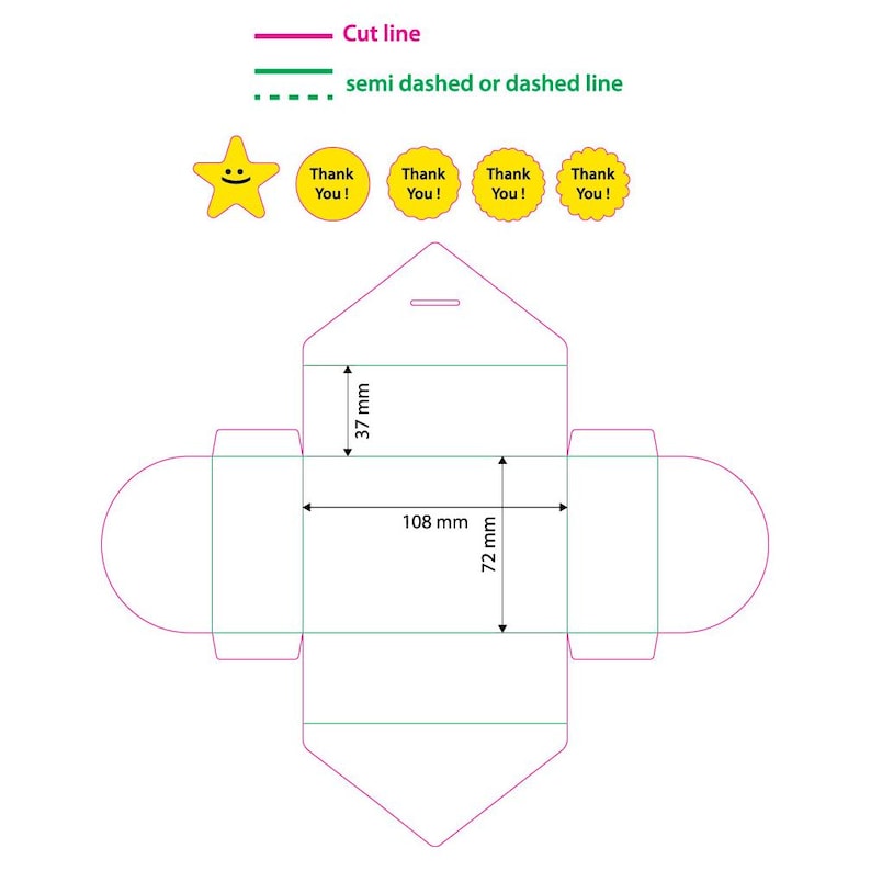 Puede incluir: Una plantilla imprimible para una caja peque&ntilde;a con tapa abatible. La caja mide 72 mm por 108 mm y 37 mm de alto. La plantilla incluye l&iacute;neas de corte y l&iacute;neas discontinuas para doblar.