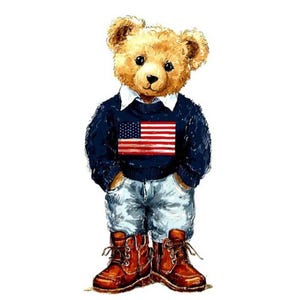 Puede incluir: Ilustración en acuarela de un oso de peluche con un suéter azul marino con una bandera estadounidense, vaqueros azul claro y botas marrones. El oso tiene una camisa blanca con cuello.