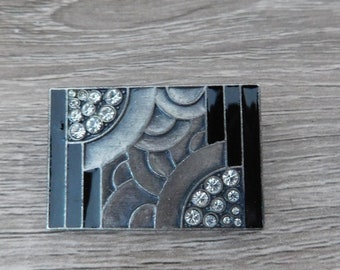 Art Deco Style Pin Black Silver Gray Rhinestone Accent