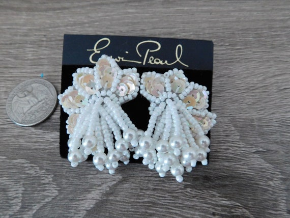 Erwin Pearl White Sequin and Beads Pierced Earrin… - image 4