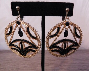 Gold With Black Rhinestones Clip On Dangle Earrings