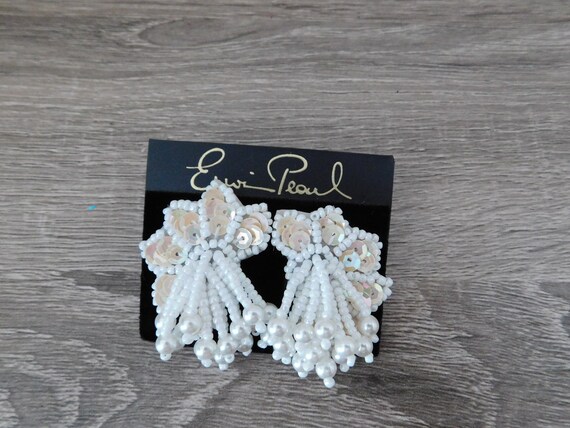 Erwin Pearl White Sequin and Beads Pierced Earrin… - image 3