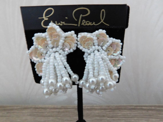 Erwin Pearl White Sequin and Beads Pierced Earrin… - image 1