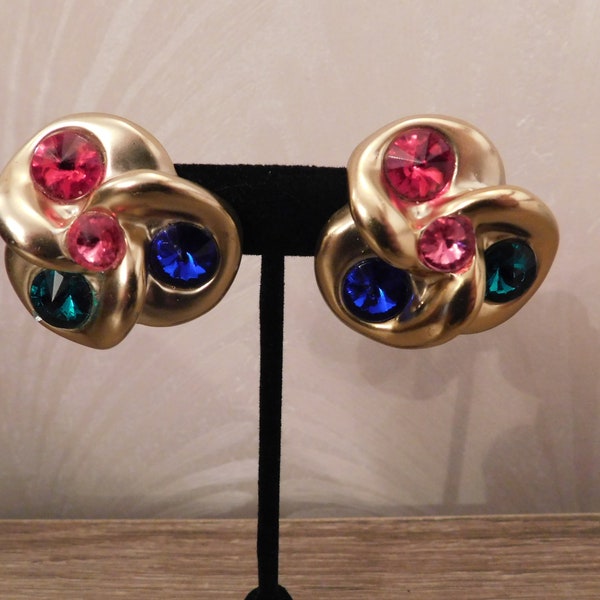 Gold Swirl Clip On Earrings with Multi Colored Rhinestones