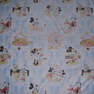 Pu&ograve; includere: Un tessuto azzurro con un motivo ripetuto di personaggi Disney, tra cui Topolino, Minni, Paperino, Pippo e Pluto. La stampa raffigura scene del Mickey's Country Store con vari personaggi che interagiscono in una delicata palette di colori.
