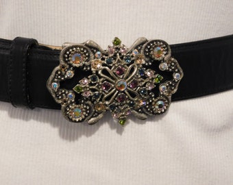 Leatherock Black Embossed Leather Belt w/  Rhinestones/Beads  Buckle Size S 32 Boho Belt Leatherock glam black leather With rhinestones fit  main image 4