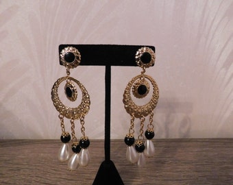 Gold Black and Faux Pearl Dangling Pierced Earrings