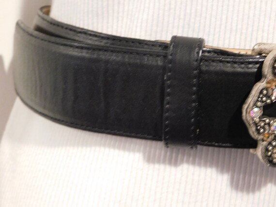 Leatherock Black Leather Belt Round Crystal Studded Buckle Leatherock Black Leather Rhinestone Belt, Aurora Borealis  main image 2