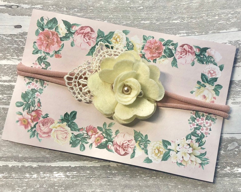 lace leaf spring easter outfit dusty pink soft stretchy shower gift Baby Girl Headband Nylon Cream Mauve felt flower Newborn Photo Prop