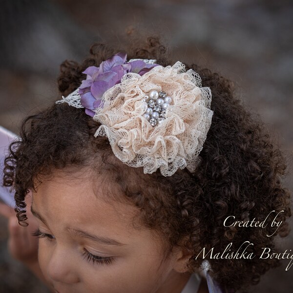 Cream Wheat Dusty Purple Over the Top Headband Large fabric lace hydrangea baby girl first birthday photo prop  baby shower gift