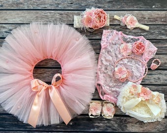 Blush Pearl Tutu Cake Smash Outfit, lace bodysuit, fabric flower headband, pearl necklace bracelet, ruffle diaper cover barefoot sandals