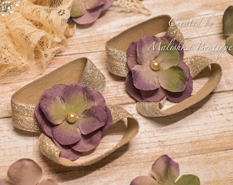 Sandalias descalzas color beige y morado polvoriento, flor de hortensia, juego de regalo para niña recién nacida, primer cumpleaños, accesorio para fotos, regalo para baby shower, niña de las flores
