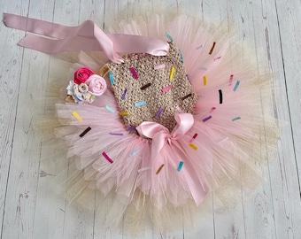 Donut Cake Smash Outfit, Baby Girl Tutu with Sprinkles, Crochet Halter Top, Fabric Flower Headband, Birthday Party Costume, Layered, Glitter