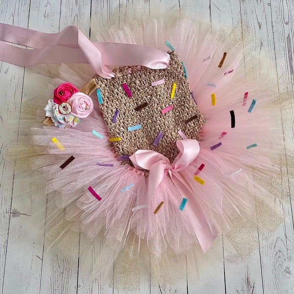 Donut Cake Smash Outfit, Baby Girl Tutu with Sprinkles, Crochet Halter Top, Fabric Flower Headband, Birthday Party Costume, Layered, Glitter