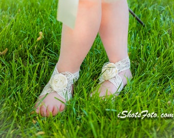 Cream Barefoot Sandals Flower Girl First Birthday Baby Photo Prop Baptism Ivory Luxury Lace Satin Fabric Flower Rosette Pearl Bead Boutique