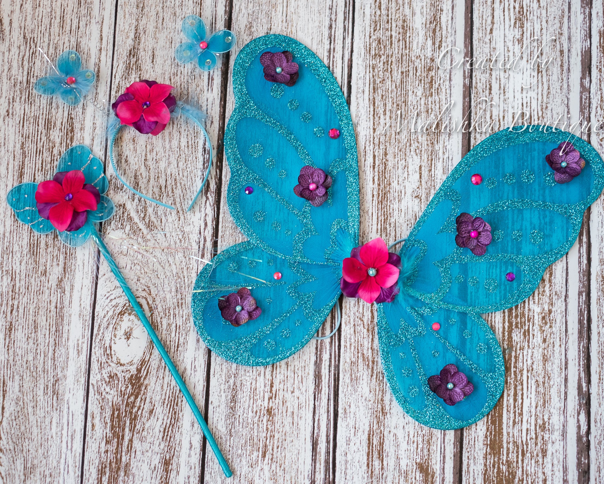 Butterfly Wings Costume Baby Girl Turquoise Glitter Wand Etsy