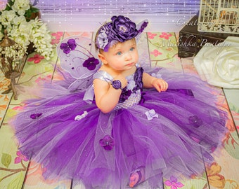 Fairy Birthday Outfit, Long Flower Tutu Pageant Dress, Baby Girl Crochet Top, Over the Top Headband Butterfly Wings Pearl Bracelet Costume