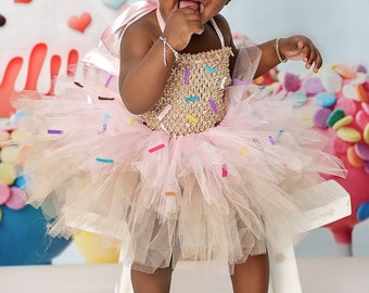 Cupcake Donut Cake Smash Tutu Outfit Dress, Layered with Sprinkles, neon hot fuchsia, glitter, Party Costume, half birthday 6 month photos