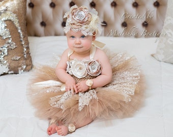 Baby Girl First Birthday Cake Smash Tutu Outfit, Beige Cream Vintage Lace Tulle Dress, Fabric Headband, Pearl Bracelet, Barefoot Sandals