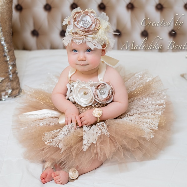 Baby Girl First Birthday Cake Smash Tutu Outfit, Beige Cream Vintage Lace Tulle Dress, Fabric Headband, Pearl Bracelet, Barefoot Sandals