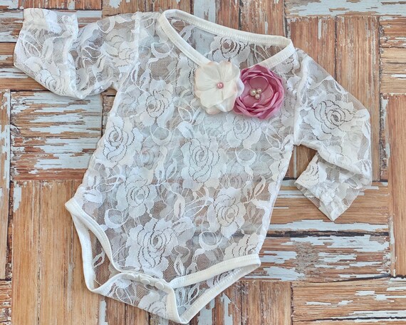 Cream Dusty Pink Lace Bodysuit Long Sleeve Creeper Top W Ribbon