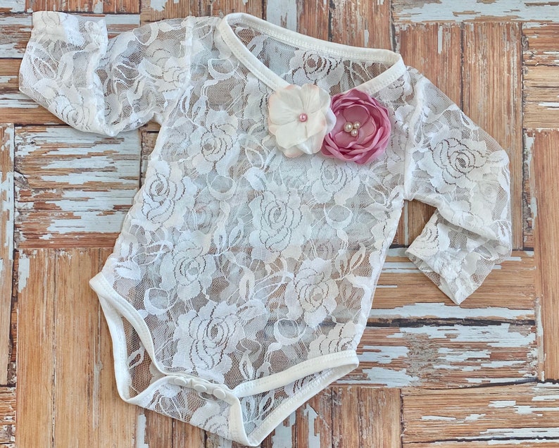Cream Dusty Pink Lace Bodysuit Baby Girl Cake Smash Photo Outfit Long Sleeve Creeper Top w ribbon pearls fabric flowers Shower Gift
