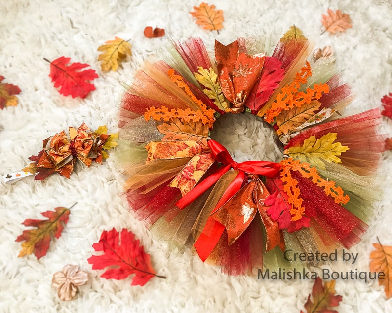 Hair bow Headband Baby Girl First Birthday Leaves Glitter Orange Brown Olive Red Autumn Thanksgiving Fall tutu Outfit Crochet Top Ribbon