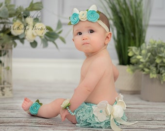 Baby Bunny Outfit, Flower Headband, Lace Diaper Cover, pearl bracelet, barefoot sandals, Newborn Shower Gift, Cake Smash Photoshoot, aqua